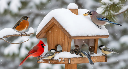 A group of birds and a bird feeder in the snow.の素材