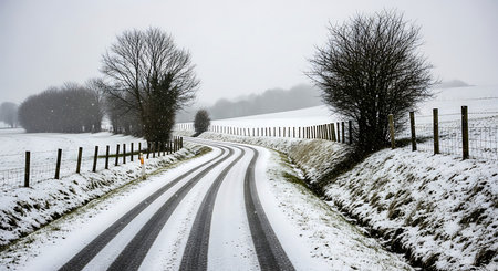 Snowy winter road in the countryside with trees and hedgerowsの素材