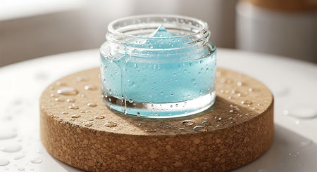 cosmetic cream in a glass jar with drops of water on a wooden standの素材