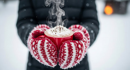 Woman holding a cup of hot chocolate or cocoa with whipped cream in the shape of a heart.の素材