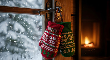 Christmas socks on the window sill in front of a burning fireplace.の素材