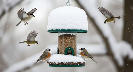 A group of birds on a bird feeder in the winter.の素材