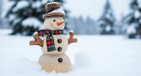 Snowman on the snow in winter forest. Christmas and New Year background.の素材