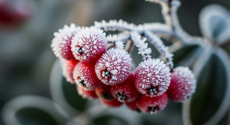 Frosty red berries on a bush covered with hoarfrostの素材