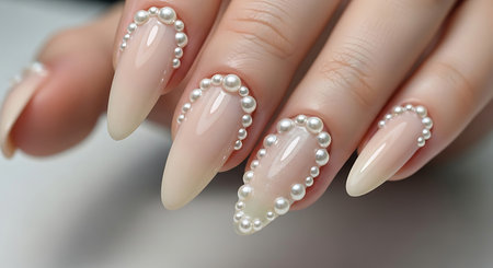 Female hand with beige manicure and pearls on nails.の素材