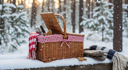 Picnic in the forest. Wicker picnic basket with a red checkered blanket on a wooden bench in the winter forest.の素材