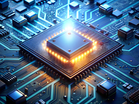 Close-up of electronic circuit board with microchips. 3D renderingの素材