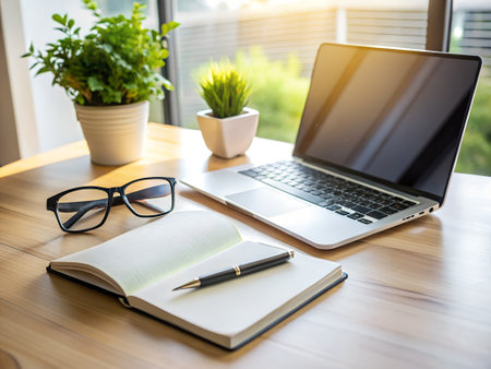 Laptop, notebook, pen and glasses on wooden table in officeの素材
