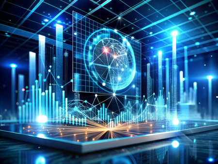 Glowing business hologram with world map on screen. 3d renderingの素材