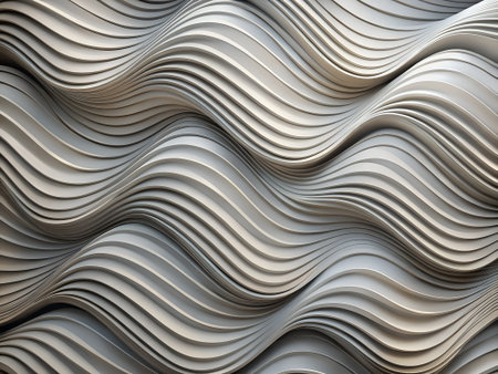 3d rendering of abstract metallic background with waves in gray and white colorsの素材