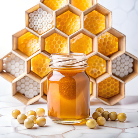 Honey in a glass jar and honeycombs. Selective focus.の素材