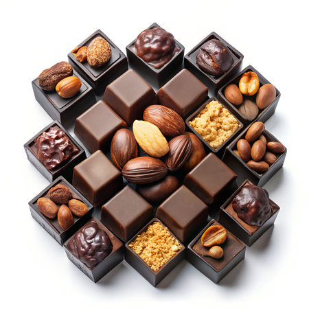 Chocolate candies with nuts isolated on white background. Top view.の素材