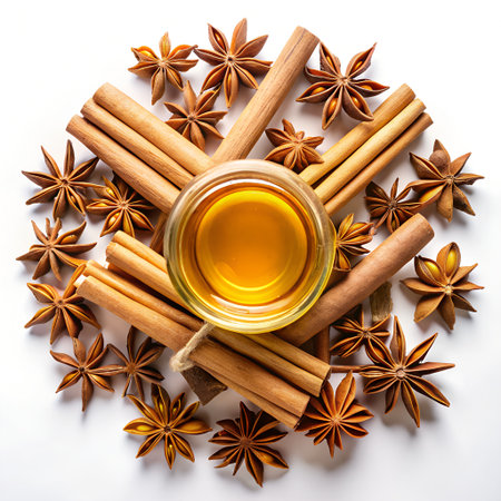Cinnamon sticks, star anise and honey isolated on white backgroundの素材