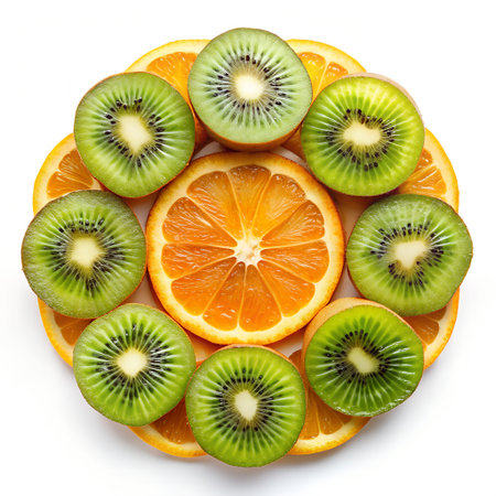 Slices of kiwi and orange isolated on white backgroundの素材