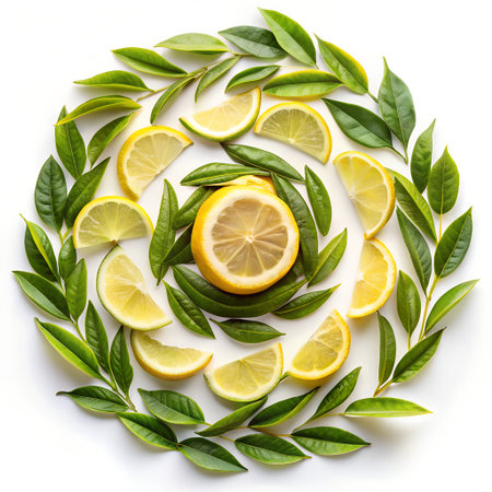 Lemon with green leaves isolated on white background. Flat lay, top viewの素材
