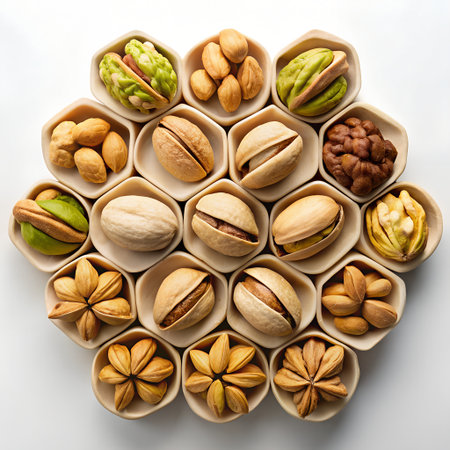 Mix of pistachios, almonds, walnuts, pistachios, pistachios in a bowl on white backgroundの素材