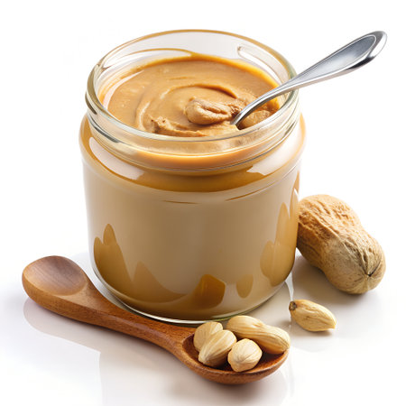 Peanut butter in glass jar with spoon and nuts on white backgroundの素材