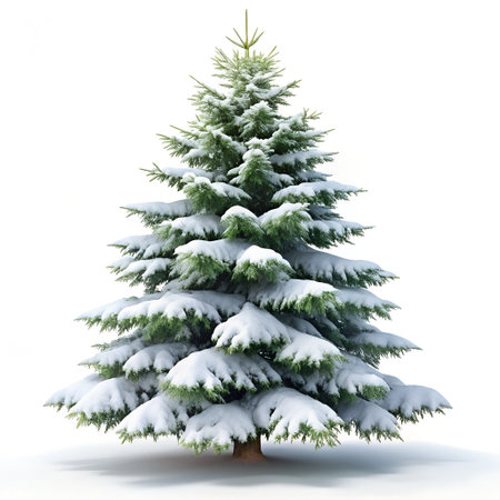 Christmas tree covered with snow isolated on white background. 3d illustrationの素材