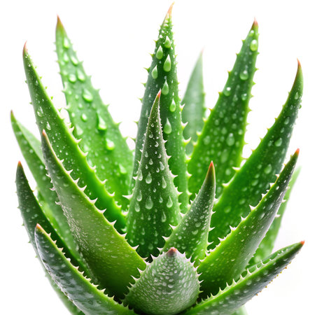 Aloe vera plant with water drops isolated on white background.の素材