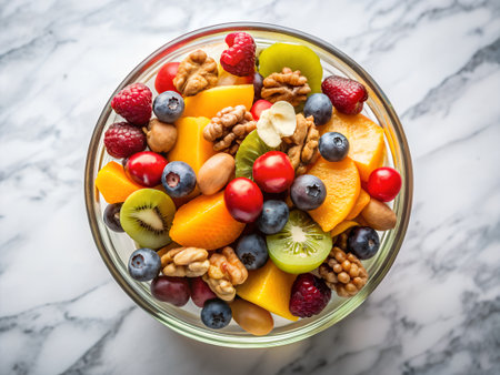 Healthy breakfast bowl with fresh fruit and nutsle table.の素材
