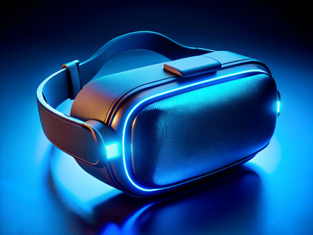 Virtual reality goggles on blue background. 3D illustration. 3D rendering.の素材