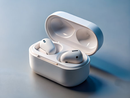 Wireless headphones isolated on a white background. Selective focus.の素材