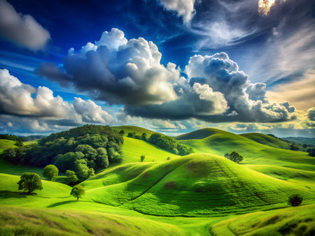 beautiful summer landscape. rolling hills and blue sky with clouds.の素材