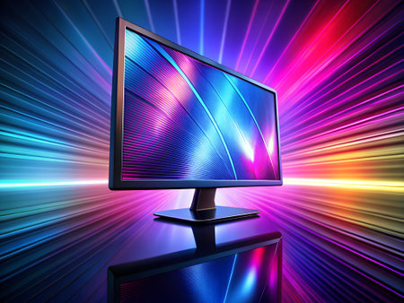 Computer monitor on the background of the colorful rays. 3d illustrationの素材