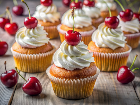 Cupcakes with cherries and whipped cream on a wooden backgroundの素材