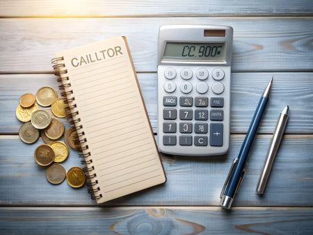 Calculator, coins and notebook on wooden background. Financial accounting concept.の素材