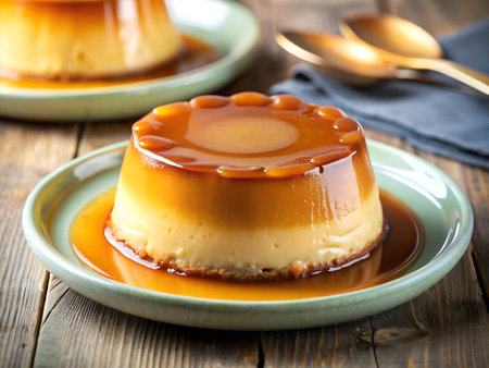 Creamy caramel flan on a wooden background. Selective focus.の素材