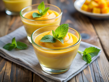 Panna cotta with mango and mint in a glass on a wooden backgroundの素材