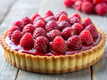 raspberry tart on a wooden background, closeup, selective focusの素材