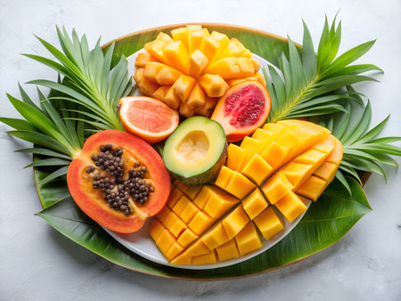 Tropical fruit platter on white marble background, top viewの素材