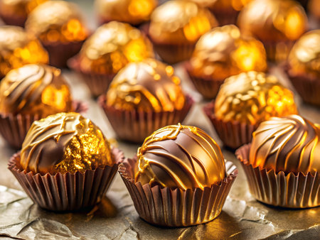 Chocolate candies in golden wrappers on a brown background.の素材