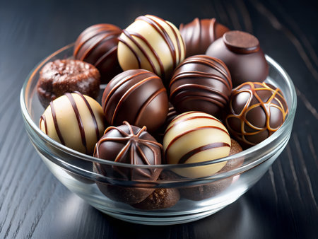 Delicious chocolate candies in glass bowl on wooden table, closeupの素材