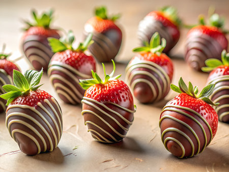 Strawberry dipped in dark chocolate and decorated with fresh strawberries.の素材