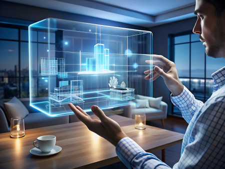 Businessman in modern office using hologram projection. 3D renderingの素材