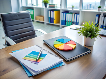 Office table with a notepad and a ballpoint pen on itの素材