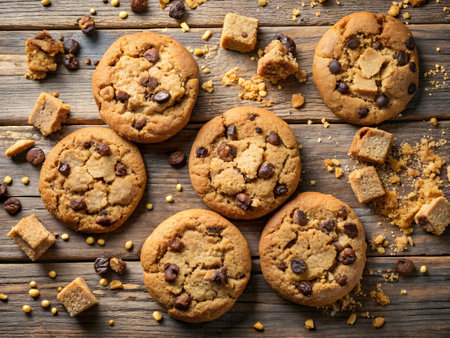 Chocolate chip cookies on wooden table. Top view with copy spaceの素材