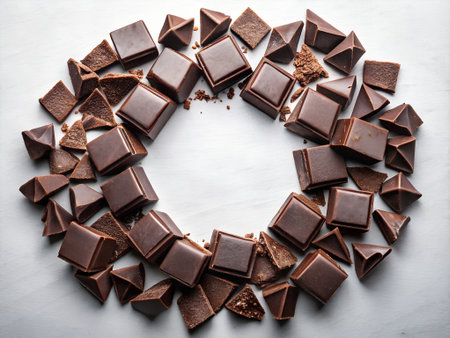 Pieces of chocolate on a white background, top view, copy spaceの素材
