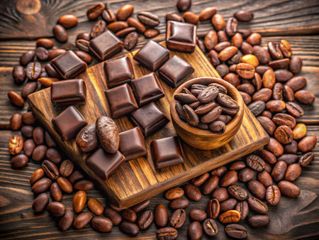 Coffee beans and chocolate on a wooden background. Selective focusの素材