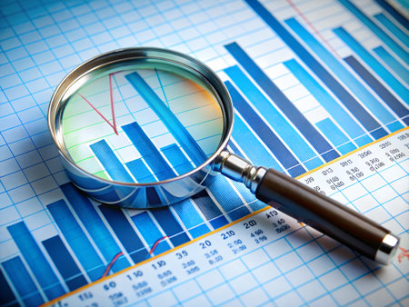 Magnifying glass on financial chart. 3D illustration. Selective focus.の素材