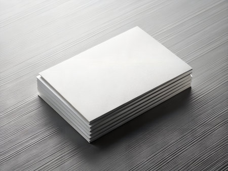 Stack of business cards on wooden background. Mockup for branding identity.の素材