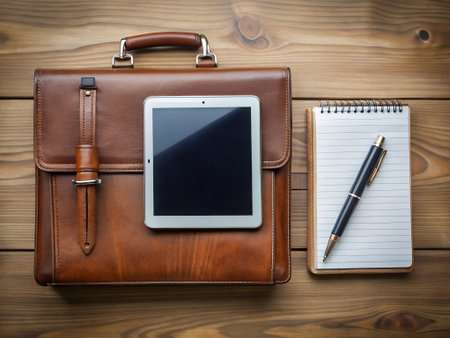 Tablet computer and leather briefcase on a wooden background. Top viewの素材