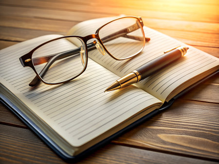 Notebook with pen and glasses on wooden table. Business concept.の素材