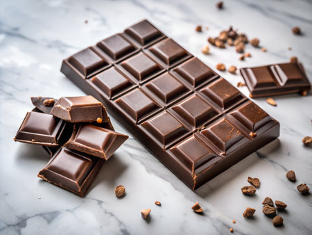 Milk chocolate bar with nuts on white marble background, selective focusの素材