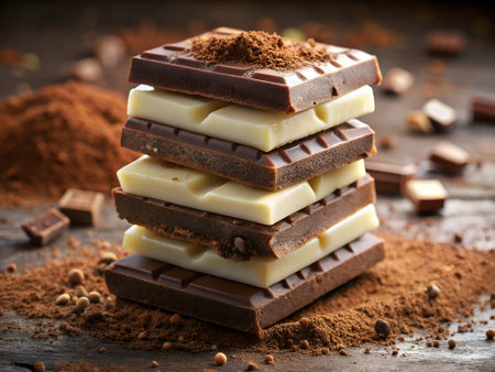 Chocolate bars and cocoa powder on wooden table. Selective focusの素材
