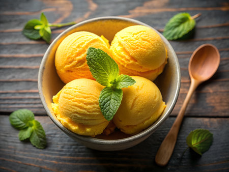 Scoops of mango ice cream in a bowl on wooden backgroundの素材
