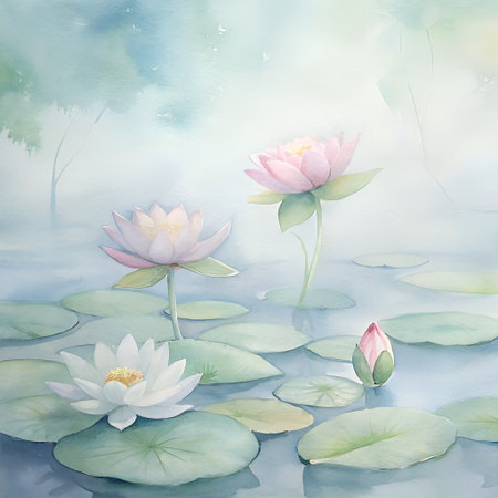 Water lily in the pond. Watercolor painting on canvas.の素材